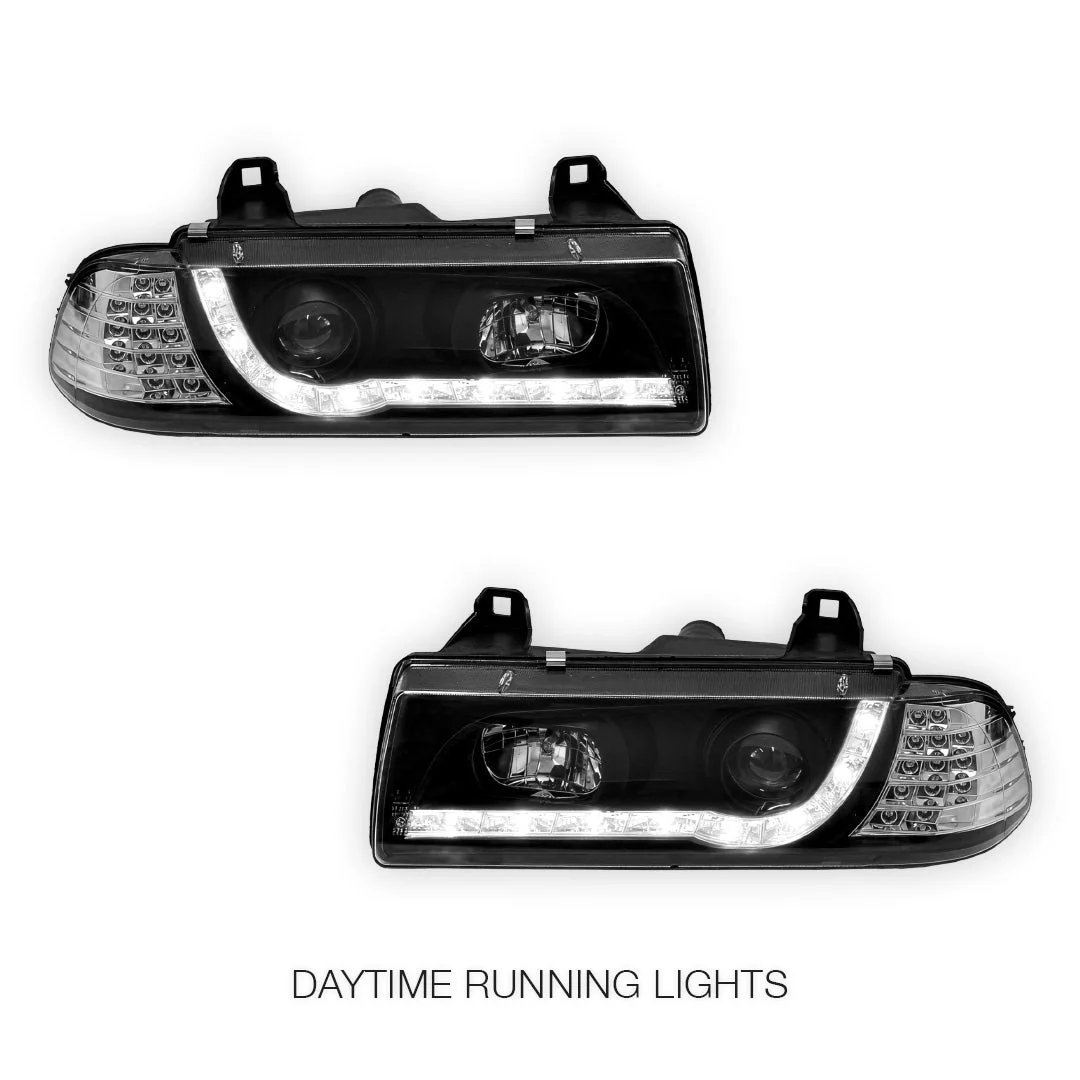 BMW 3 Series E36 (1991 - 1999) Black DRL LED Headlights LH + RH - Image 2