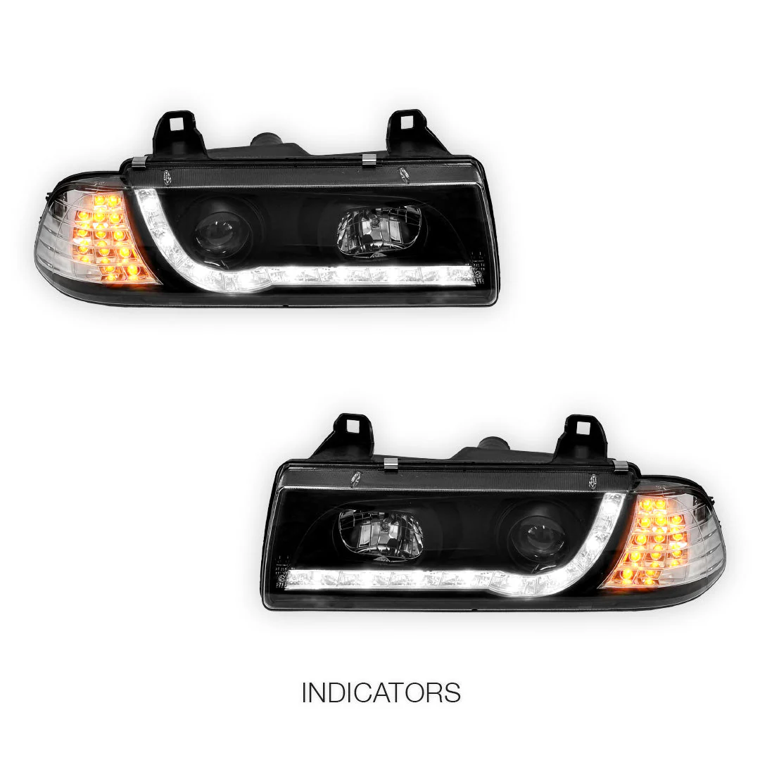 BMW 3 Series E36 (1991 - 1999) Black DRL LED Headlights LH + RH - Image 3