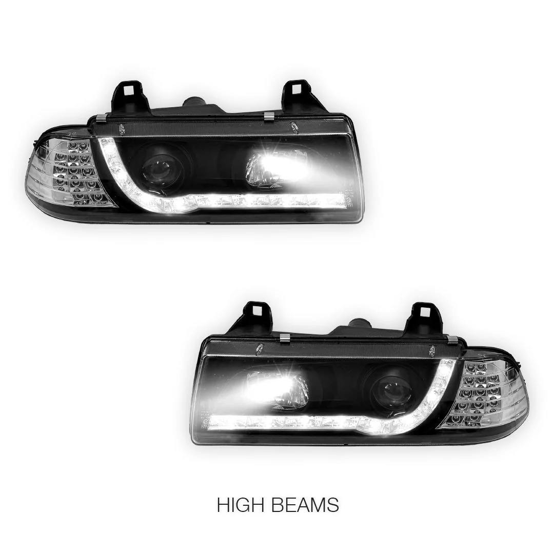 BMW 3 Series E36 (1991 - 1999) Black DRL LED Headlights LH + RH - Image 5
