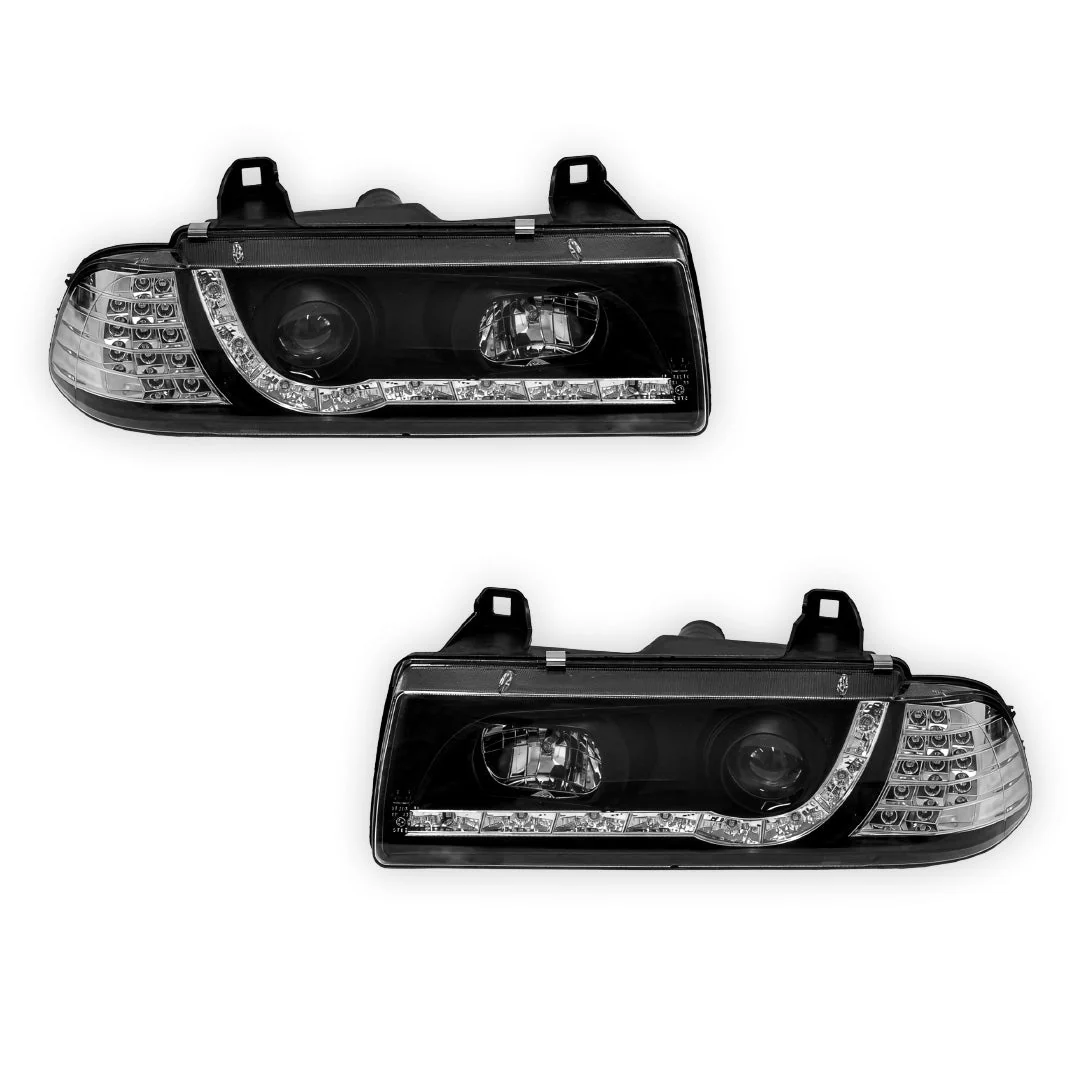 BMW 3 Series E36 (1991 - 1999) Black DRL LED Headlights LH + RH - Image 6