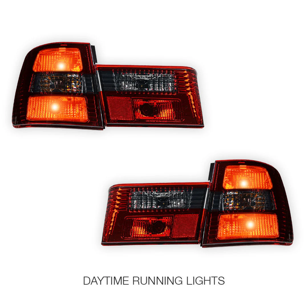 BMW 5 Series E34 (1987 - 1996) Smoked Red Halogen Tail Lights with Trunk Garnish Panel LH + RH - Image 2