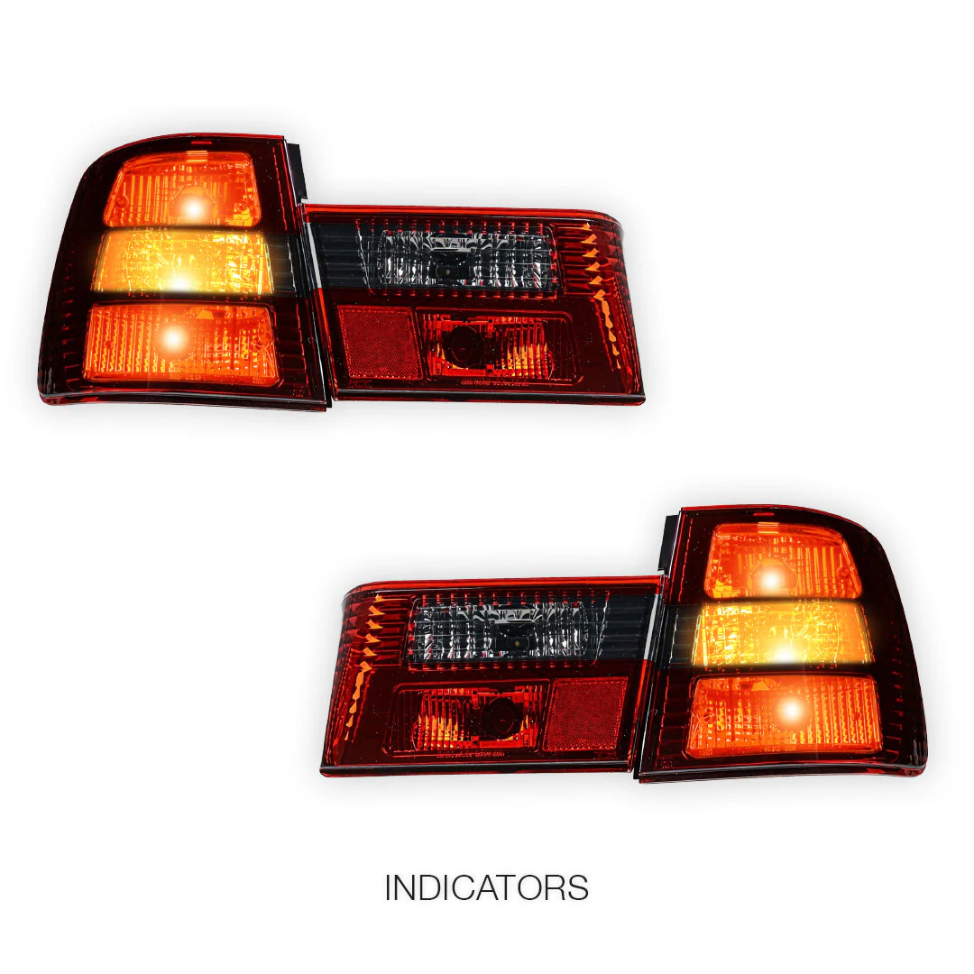 BMW 5 Series E34 (1987 - 1996) Smoked Red Halogen Tail Lights with Trunk Garnish Panel LH + RH - Image 3