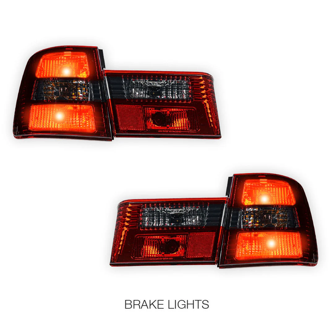 BMW 5 Series E34 (1987 - 1996) Smoked Red Halogen Tail Lights with Trunk Garnish Panel LH + RH - Image 4