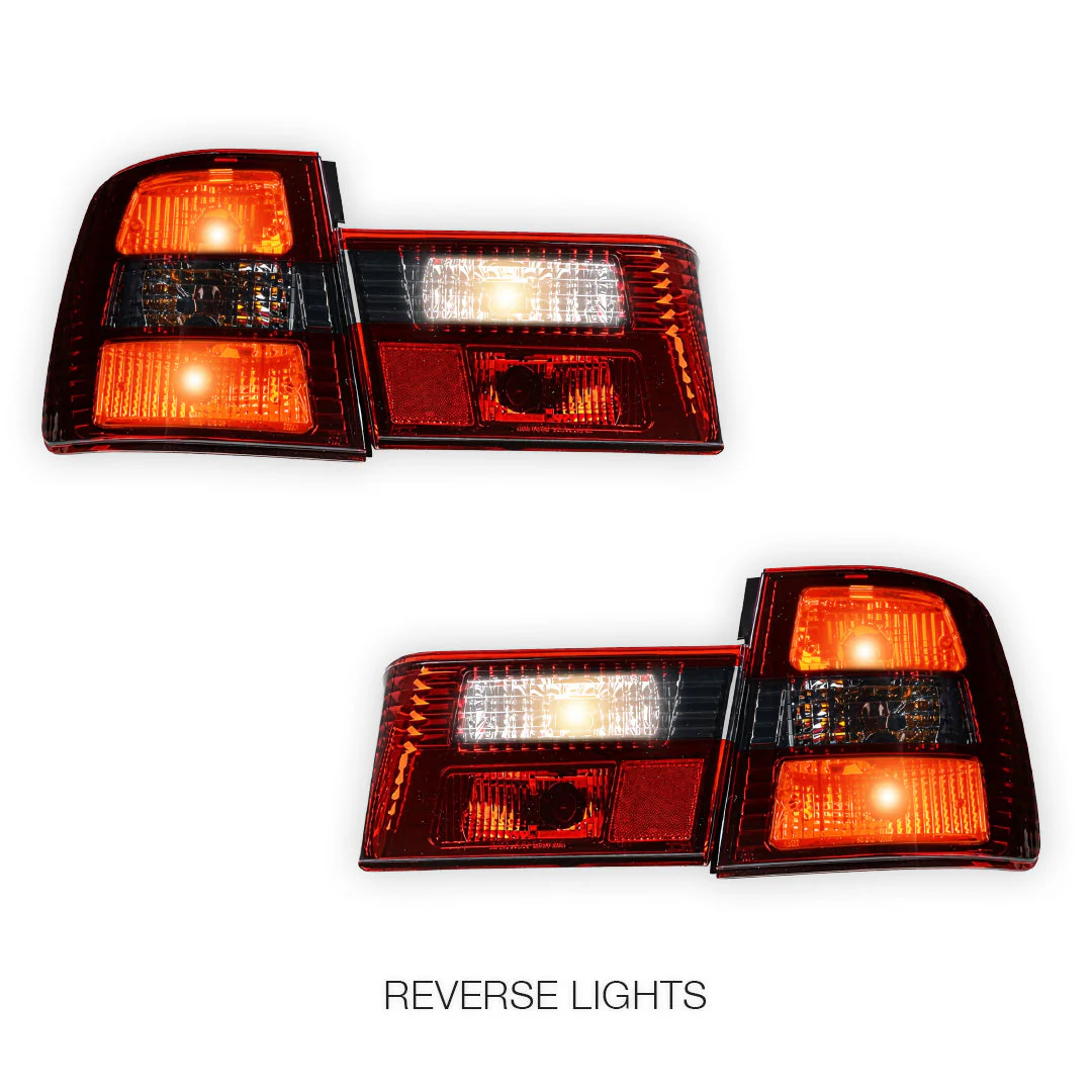 BMW 5 Series E34 (1987 - 1996) Smoked Red Halogen Tail Lights with Trunk Garnish Panel LH + RH - Image 5