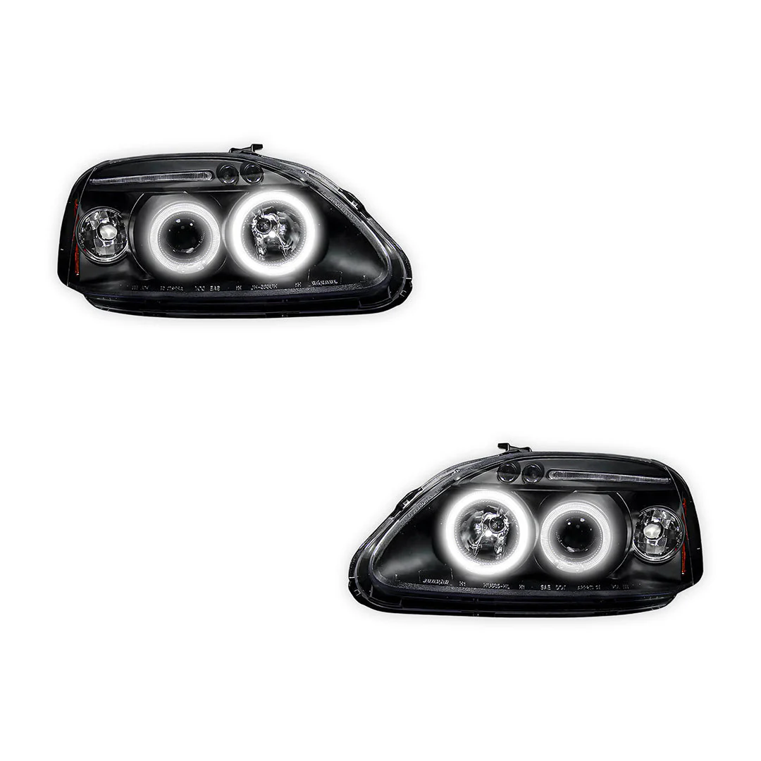 Honda Civic EK (1999 - 2000) Black LED Halo Angel Eyes Projector Headlights LH + RH - Image 2