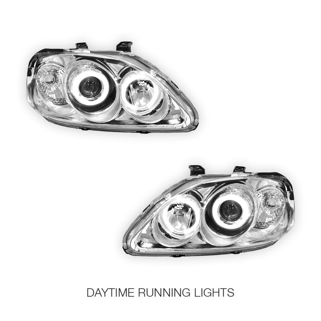 Honda Civic EK (1999 - 2000) Crystal Clear Angel-Eyes Projector Headlights LH + RH - Image 2