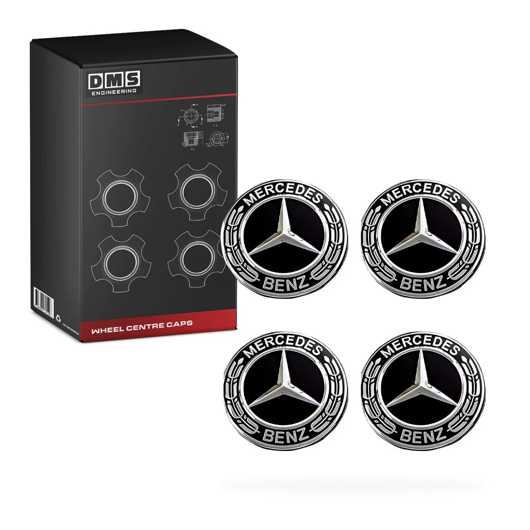 Mercedes-Benz C-Class W201 / W202 / W203 / W204 / W205 (1991 - 2015) 4 Pcs. 75mm Black Wheel Centre Caps