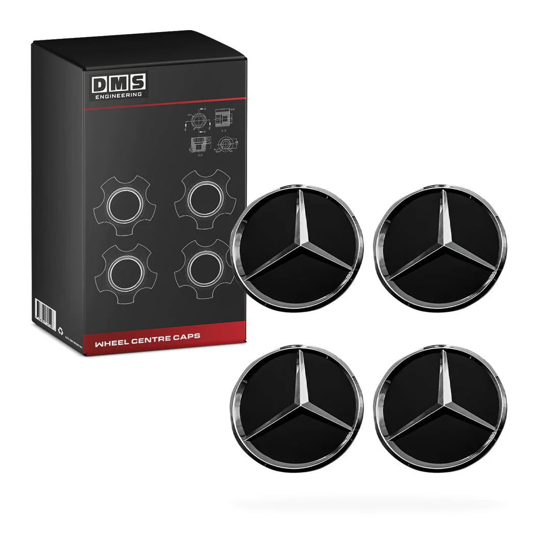 Mercedes-Benz C-Class W201 / W202 / W203 / W204 / W205 (1991 - 2015) 4 Pcs. 75mm Black Wheel Centre Caps