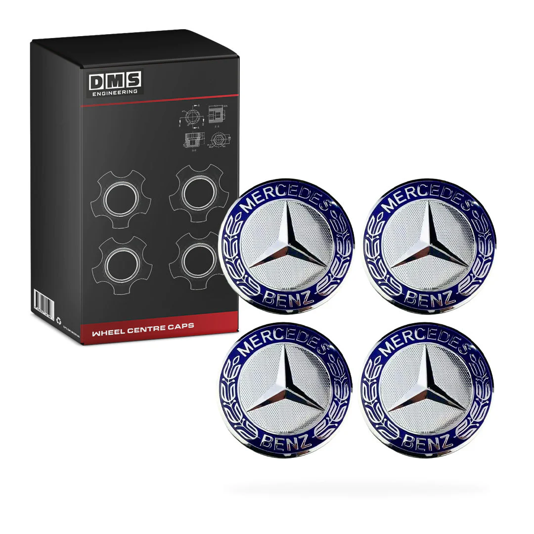 Mercedes-Benz S-Class W126 / W140 / W220 / W221 / W222 (1981 - 2020) 4 Pcs. 75mm Blue Wheel Centre Caps