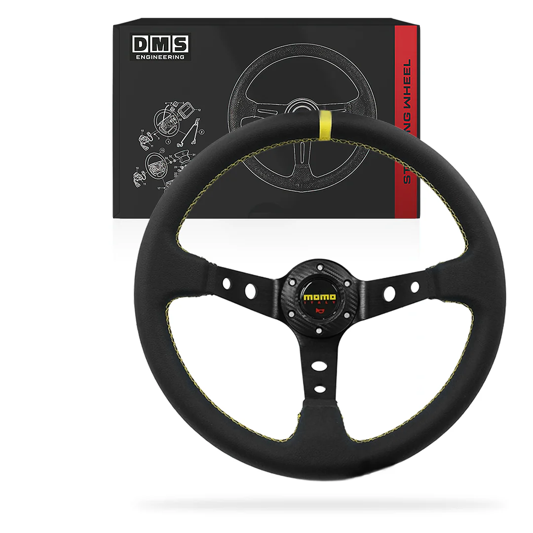 Momo style 350mm Leather Red / Suede Blue / Yellow Stitching Racing 97mm Deep dish Steering Wheel - Image 3