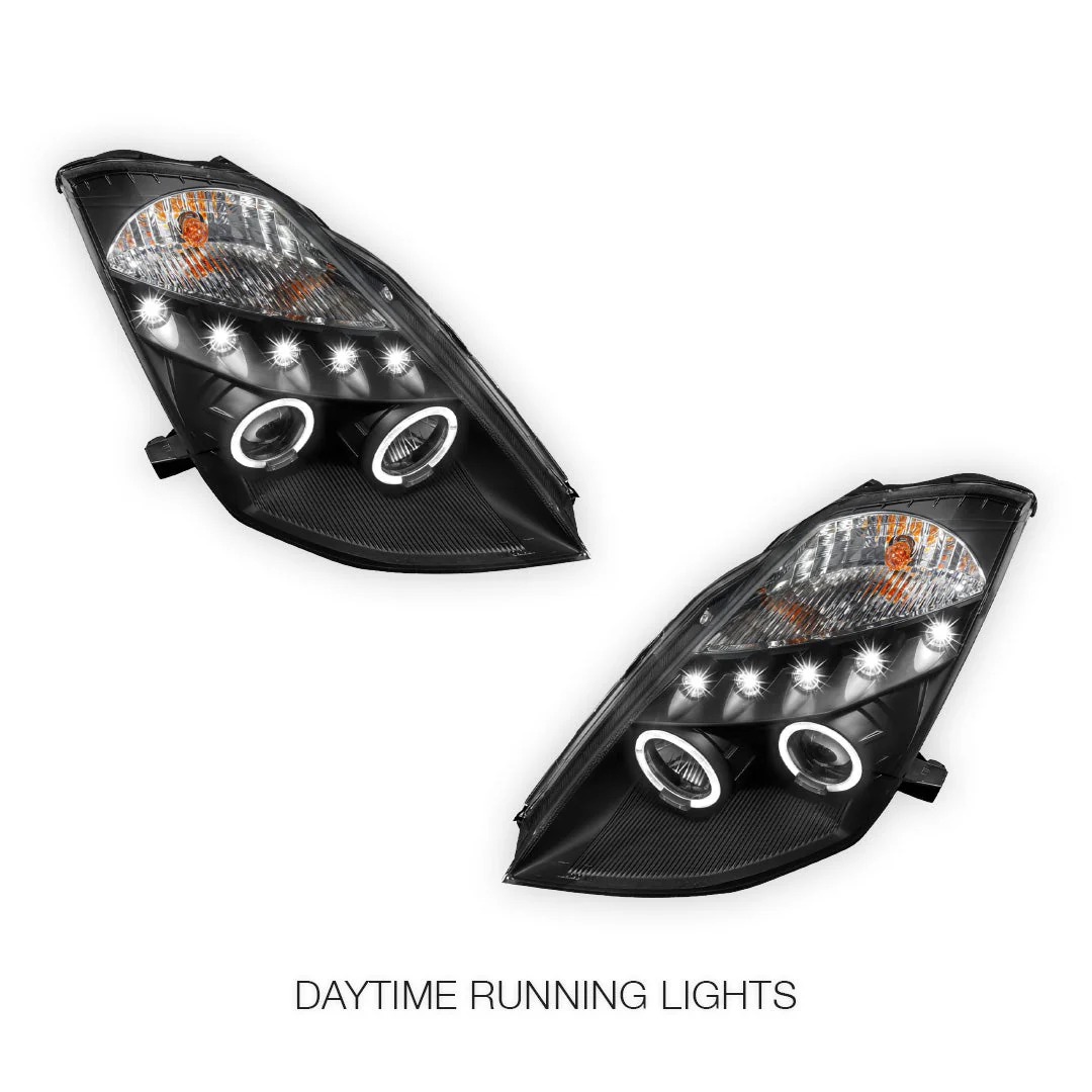 Nissan 350Z Z33 Series 1 (2003 - 2005) Black Angel Eyes Projector Headlights LH + RH - Image 2
