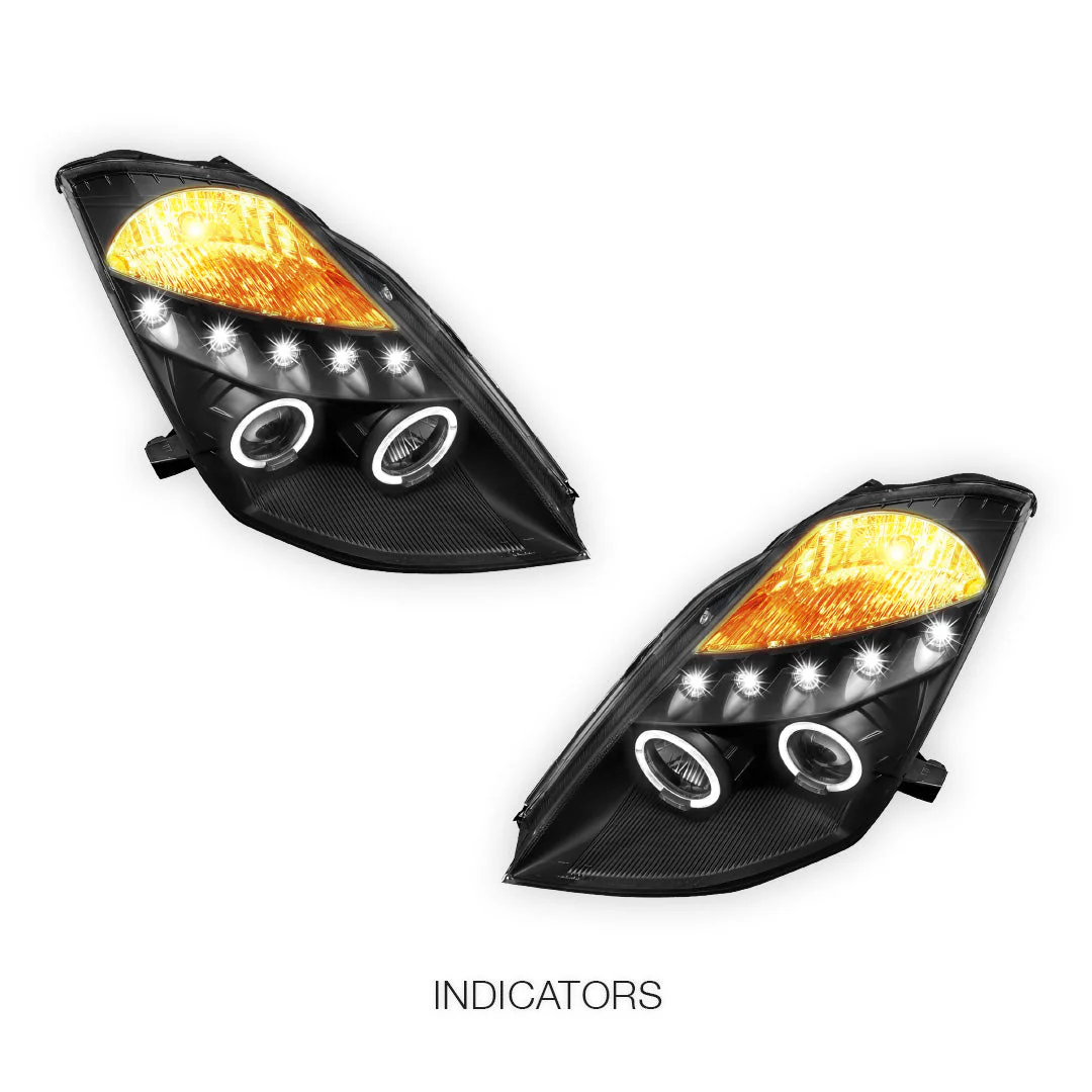 Nissan 350Z Z33 Series 1 (2003 - 2005) Black Angel Eyes Projector Headlights LH + RH - Image 3