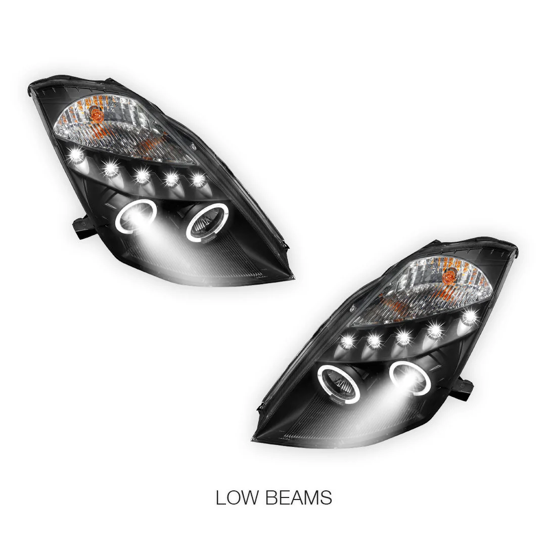 Nissan 350Z Z33 Series 1 (2003 - 2005) Black Angel Eyes Projector Headlights LH + RH - Image 4