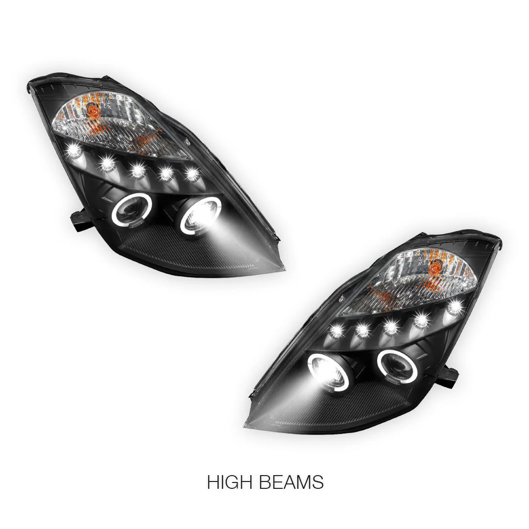 Nissan 350Z Z33 Series 1 (2003 - 2005) Black Angel Eyes Projector Headlights LH + RH - Image 5