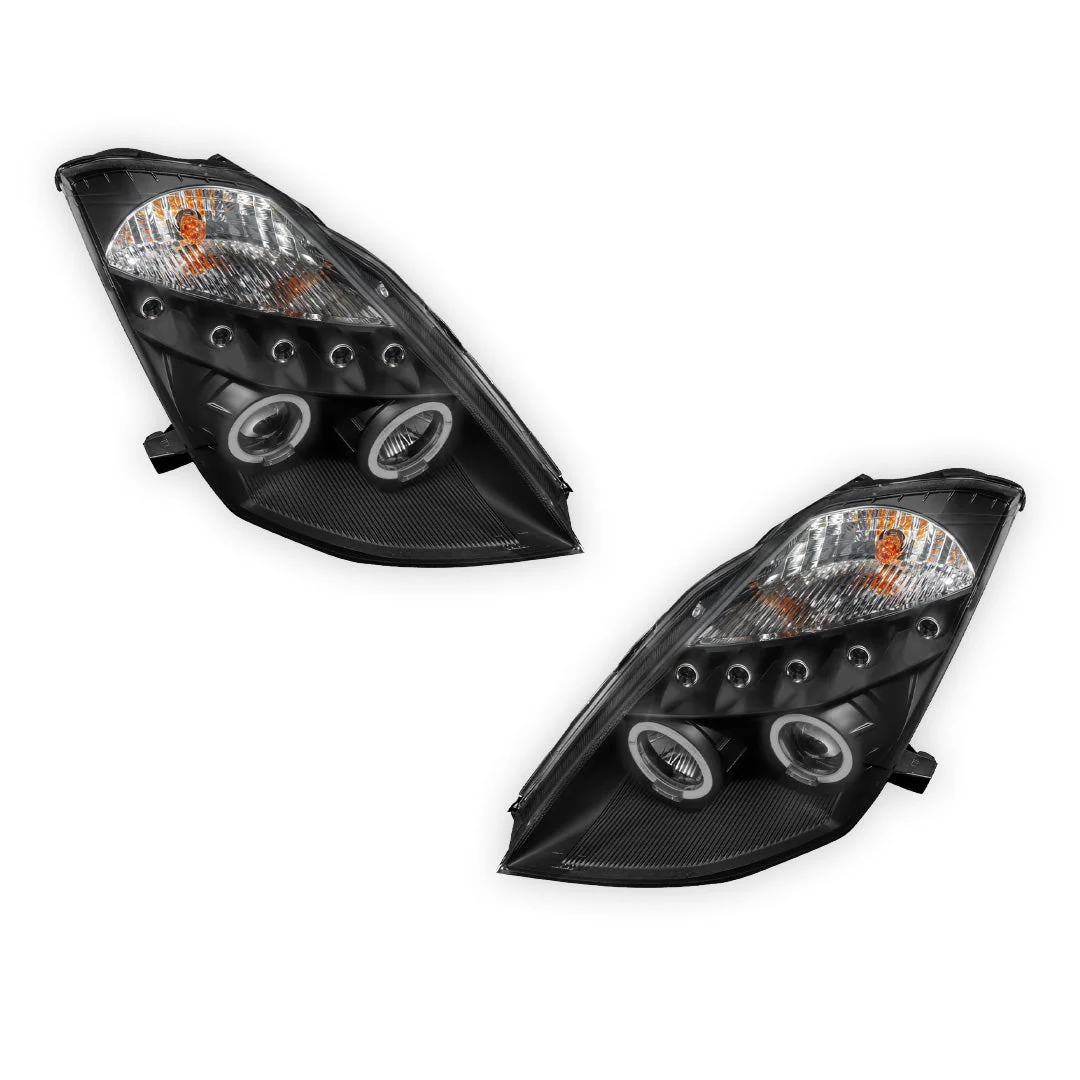 Nissan 350Z Z33 Series 1 (2003 - 2005) Black Angel Eyes Projector Headlights LH + RH - Image 6