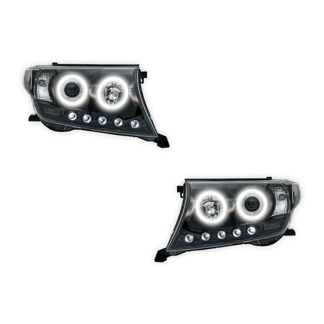 Toyota LandCruiser 200 Series (2007 - 2015) Clear / Black Halo Angel Eyes Headlights LH + RH - Image 2