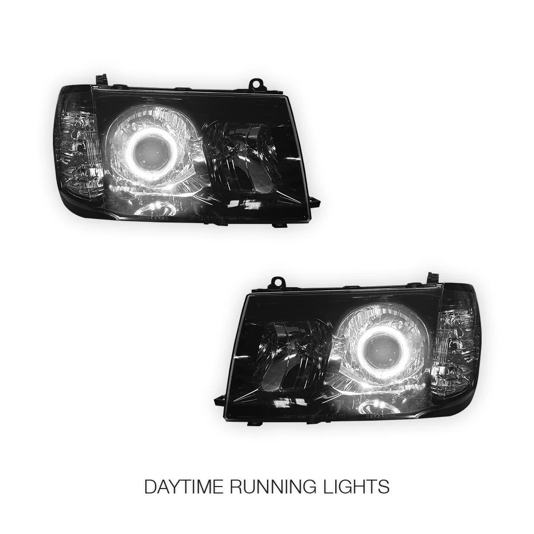 Toyota LandCruiser FJ100 Pre-Facelift (1998 - 2005) Black LED Angel Eye Halo Projector Headlights LH + RH - Image 2
