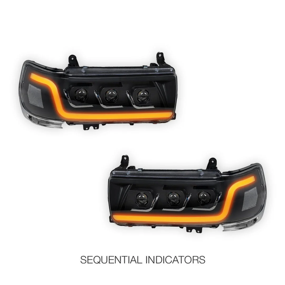 Toyota LandCruiser LC80 / FJ80 (1990 - 1998) Sequential LED DRL Black Projector Headlights LH + RH - Image 3